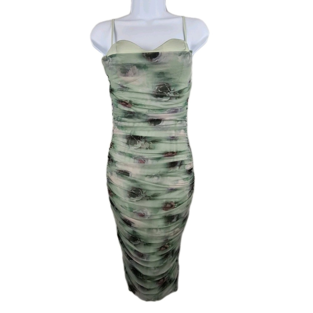 SHEIN X Floral Rouched Tube Dresses Bodycon Small Light Green Mint‎ Midi Sweet